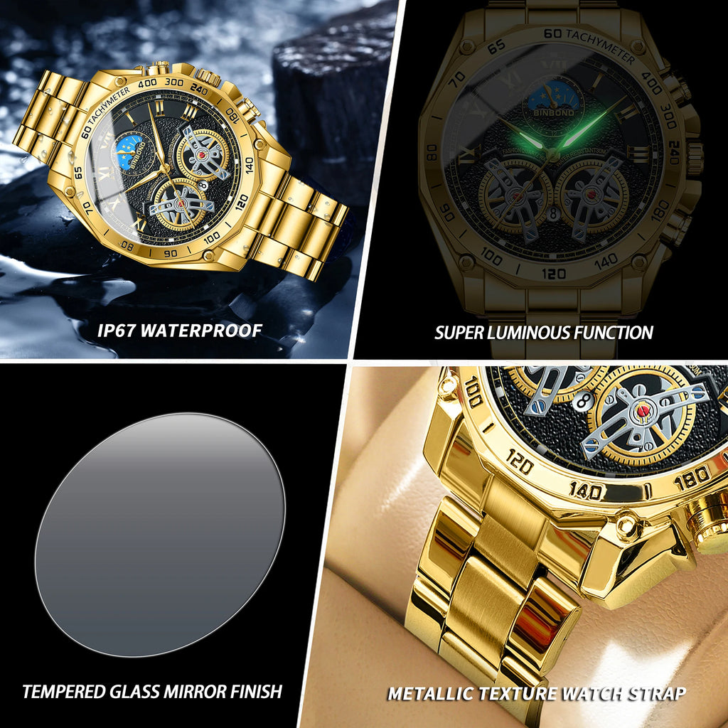 BINBOND Luminous Quartz Watches for Men Luxury Waterproof Accurate Auto Date Men's Watch Sturdy Stainless Steel Casual Reloj