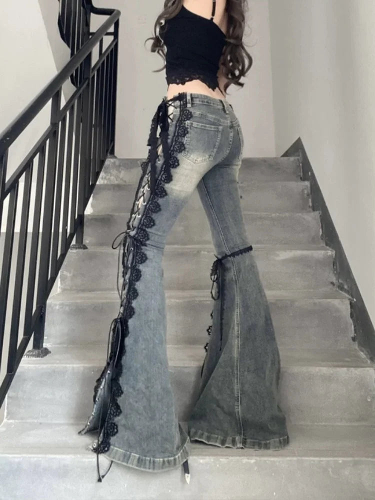 2025 Ropa Y2K Style Vintage Blue Black Lace Slim Flare Stacked Jeans Pants For Women Clothing Gothic Hotsweet New Denim Trousers