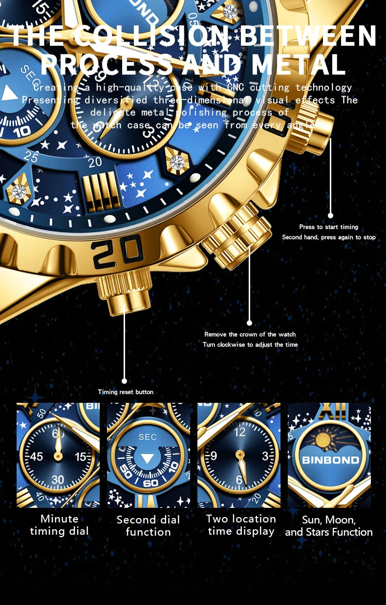 BINBOND Original Chnorograph Quartz Man Watch Waterproof Luminous Luxury Reloj Hombre Stainless Steel Moon Phase Men's Watches