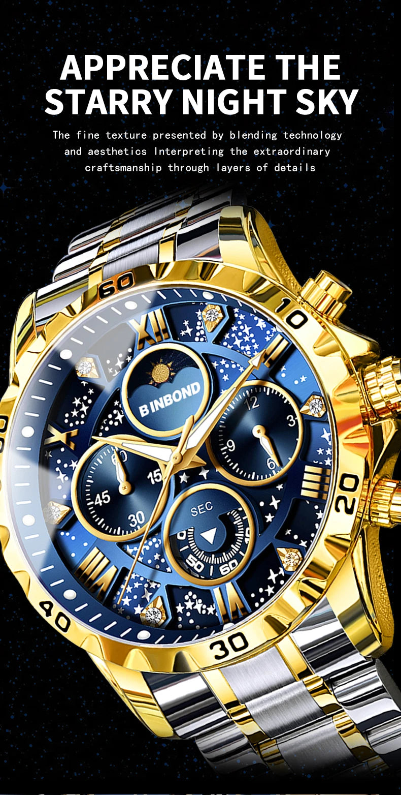 BINBOND Original Chnorograph Quartz Man Watch Waterproof Luminous Luxury Reloj Hombre Stainless Steel Moon Phase Men's Watches