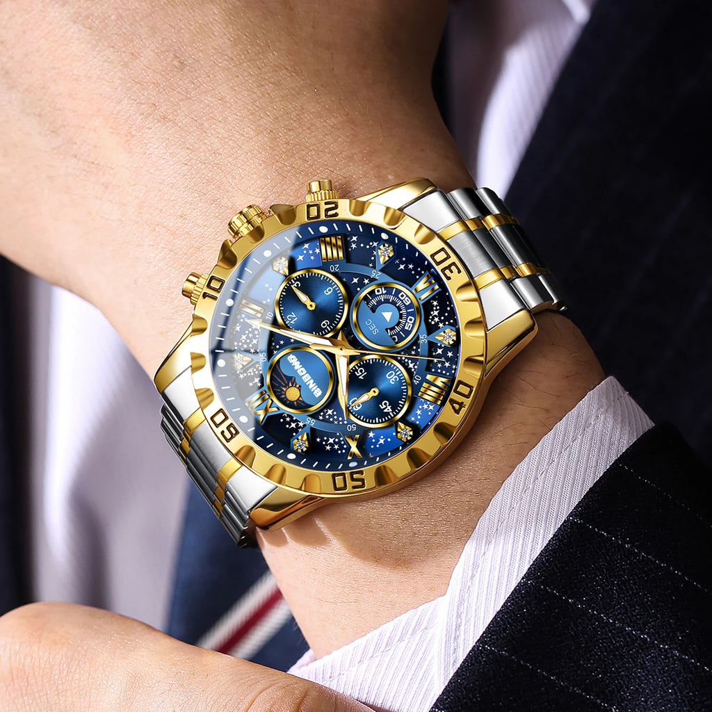 BINBOND Original Chnorograph Quartz Man Watch Waterproof Luminous Luxury Reloj Hombre Stainless Steel Moon Phase Men's Watches