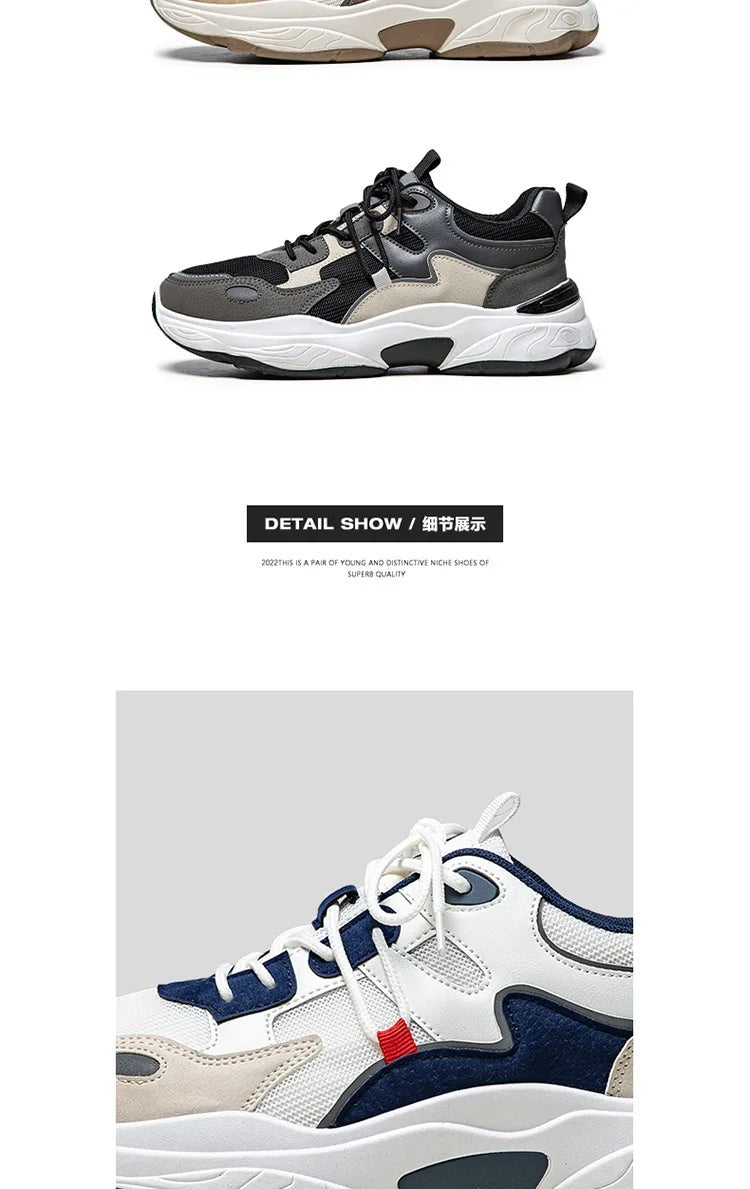 Men White Blue Red Color Block Dad Sneakers, Lace Up Breathable Light Thick Sole Comfort Outdoor Trend Casual Sports Shoes