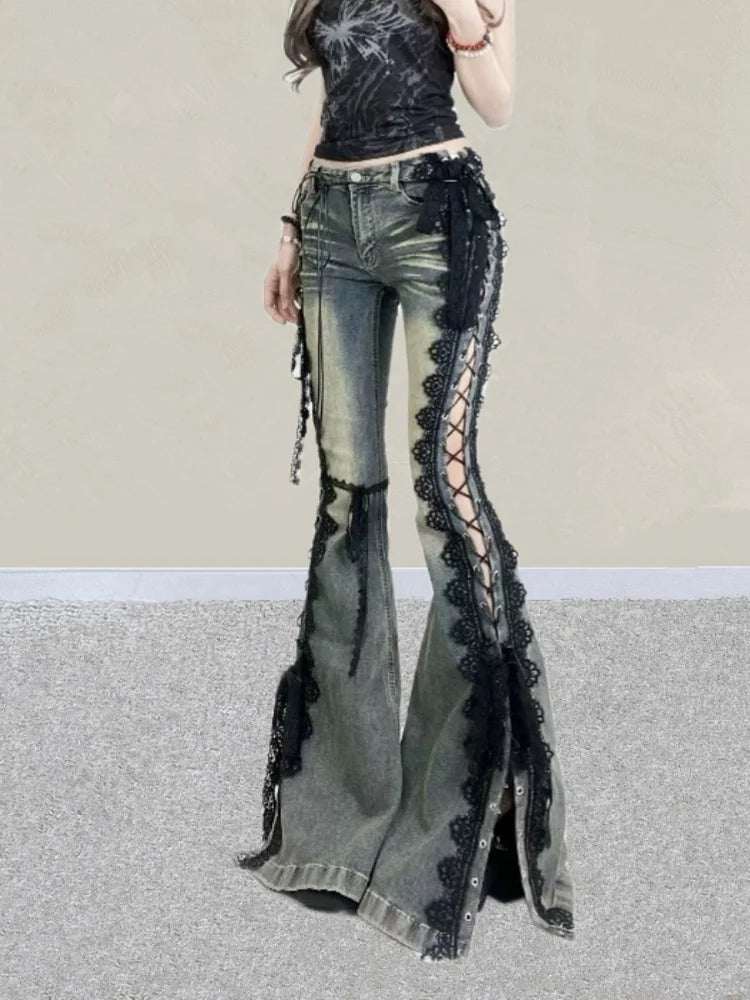 2025 Ropa Y2K Style Vintage Blue Black Lace Slim Flare Stacked Jeans Pants For Women Clothing Gothic Hotsweet New Denim Trousers