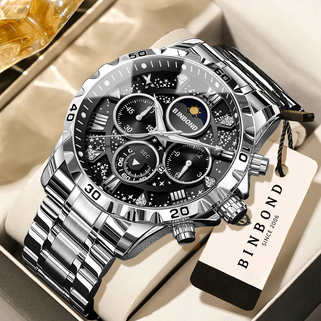 BINBOND Original Chnorograph Quartz Man Watch Waterproof Luminous Luxury Reloj Hombre Stainless Steel Moon Phase Men's Watches