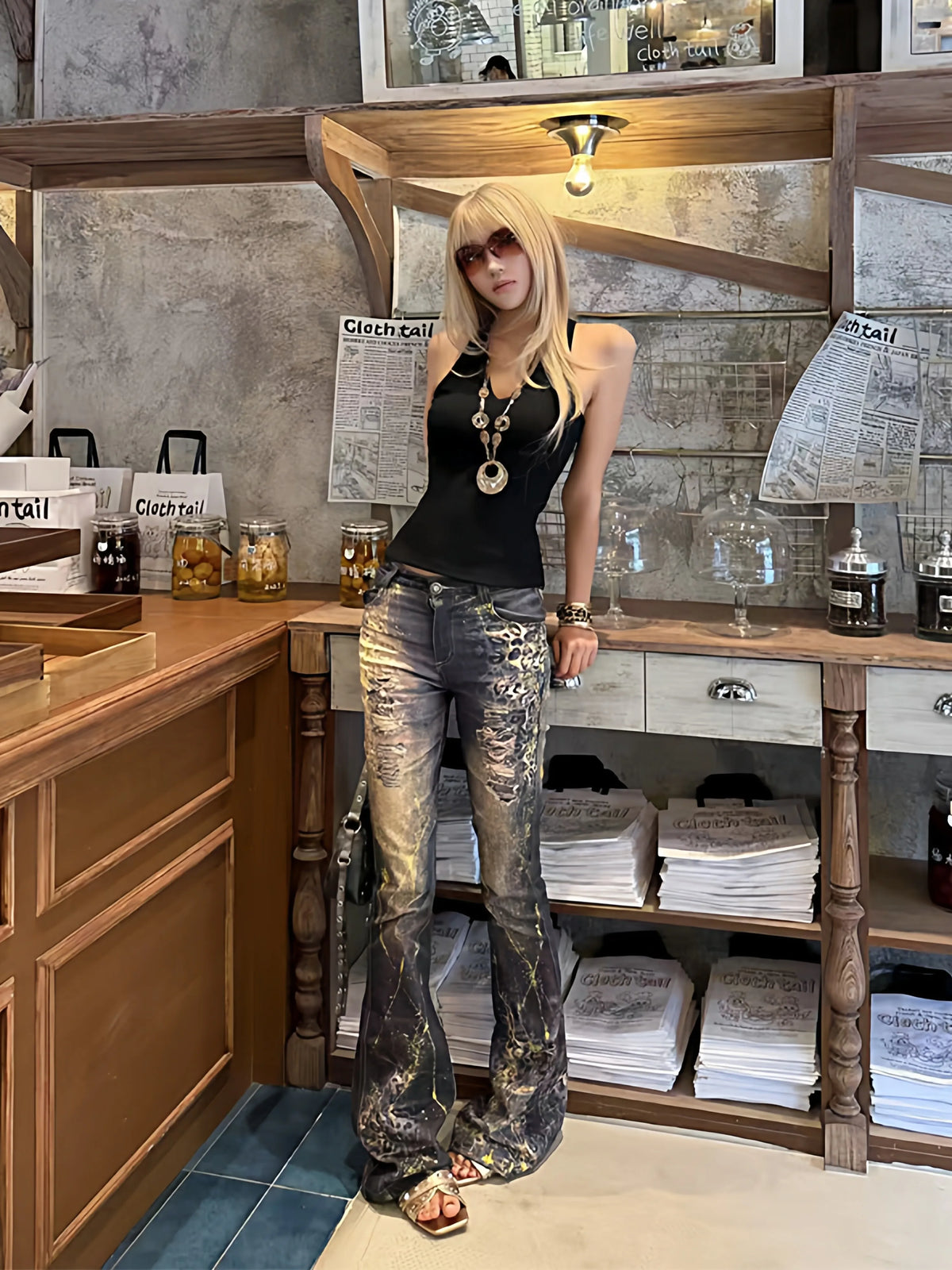 Women's Gothic Y2k Flared Jeans Summer Harajuku Trashy Ripped Denim Trousers Streetwear Baggy Jean Pants Vintage Emo Clothes