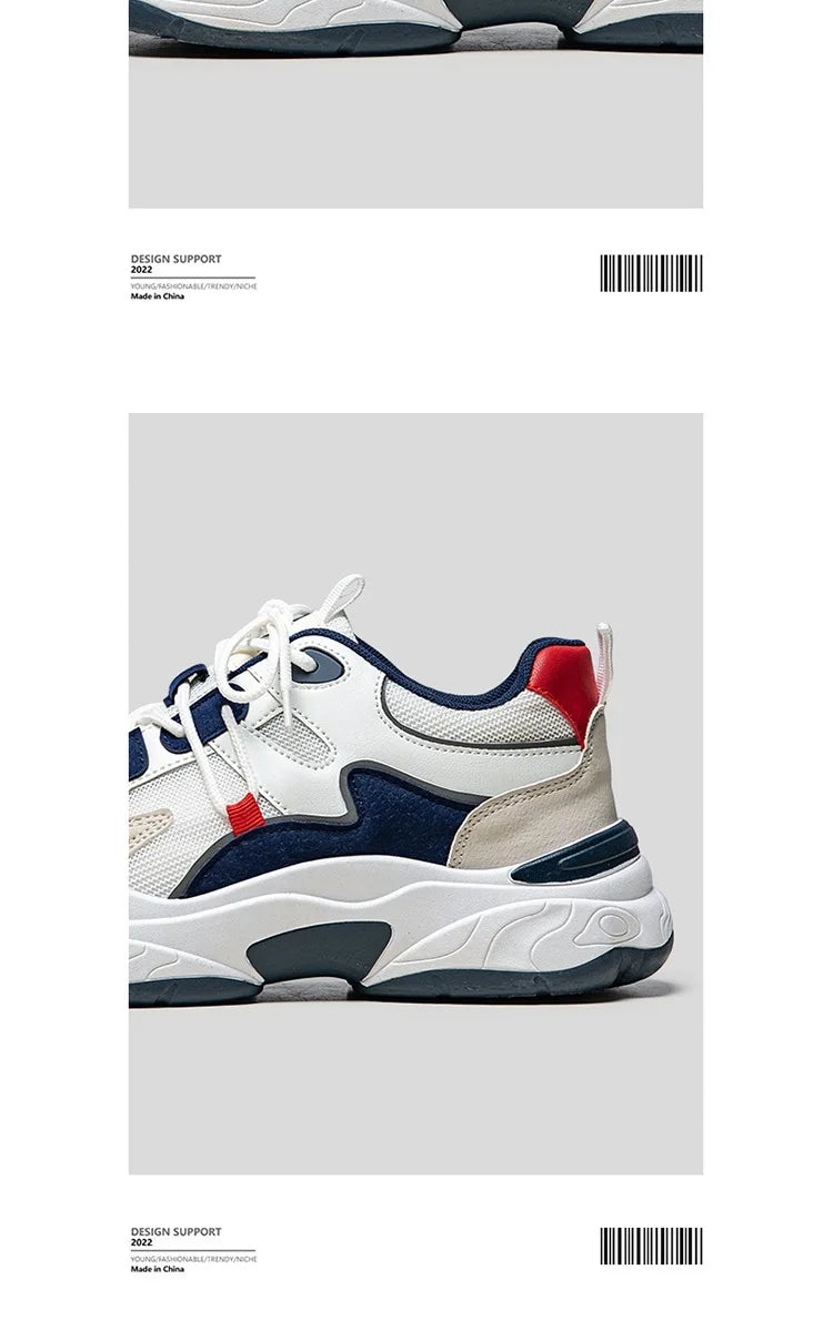 Men White Blue Red Color Block Dad Sneakers, Lace Up Breathable Light Thick Sole Comfort Outdoor Trend Casual Sports Shoes