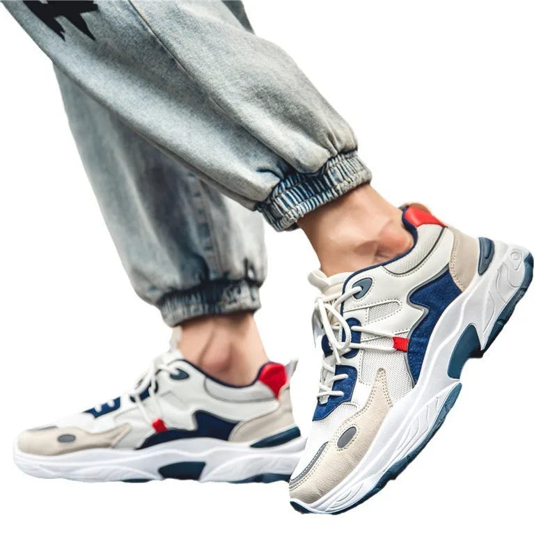 Men White Blue Red Color Block Dad Sneakers, Lace Up Breathable Light Thick Sole Comfort Outdoor Trend Casual Sports Shoes