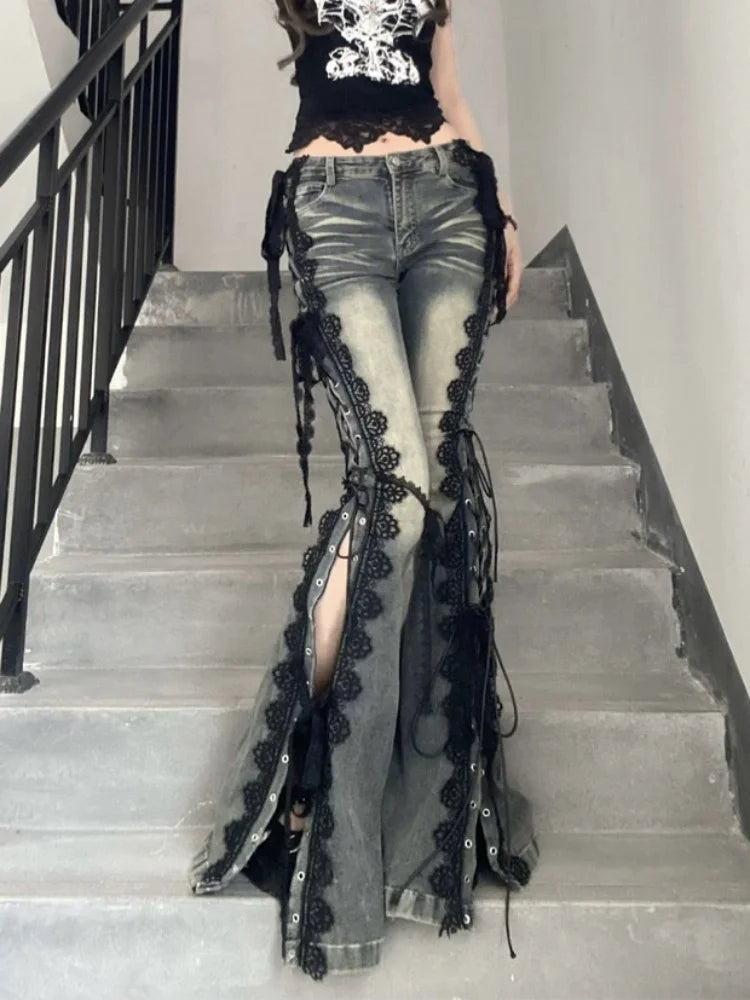 2025 Ropa Y2K Style Vintage Blue Black Lace Slim Flare Stacked Jeans Pants For Women Clothing Gothic Hotsweet New Denim Trousers