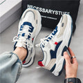 Men White Blue Red Color Block Dad Sneakers, Lace Up Breathable Light Thick Sole Comfort Outdoor Trend Casual Sports Shoes