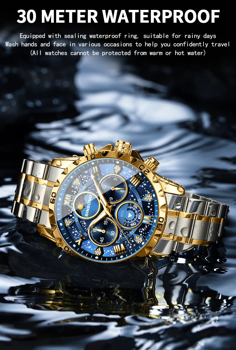 BINBOND Original Chnorograph Quartz Man Watch Waterproof Luminous Luxury Reloj Hombre Stainless Steel Moon Phase Men's Watches