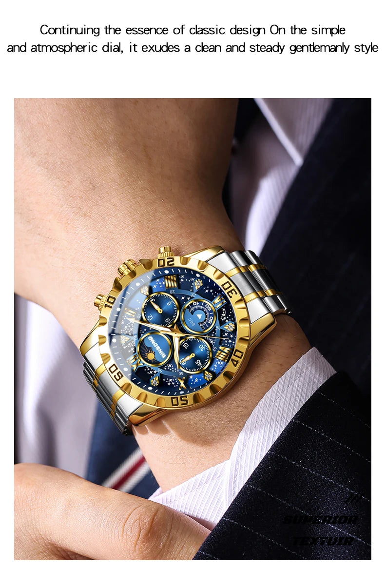 BINBOND Original Chnorograph Quartz Man Watch Waterproof Luminous Luxury Reloj Hombre Stainless Steel Moon Phase Men's Watches