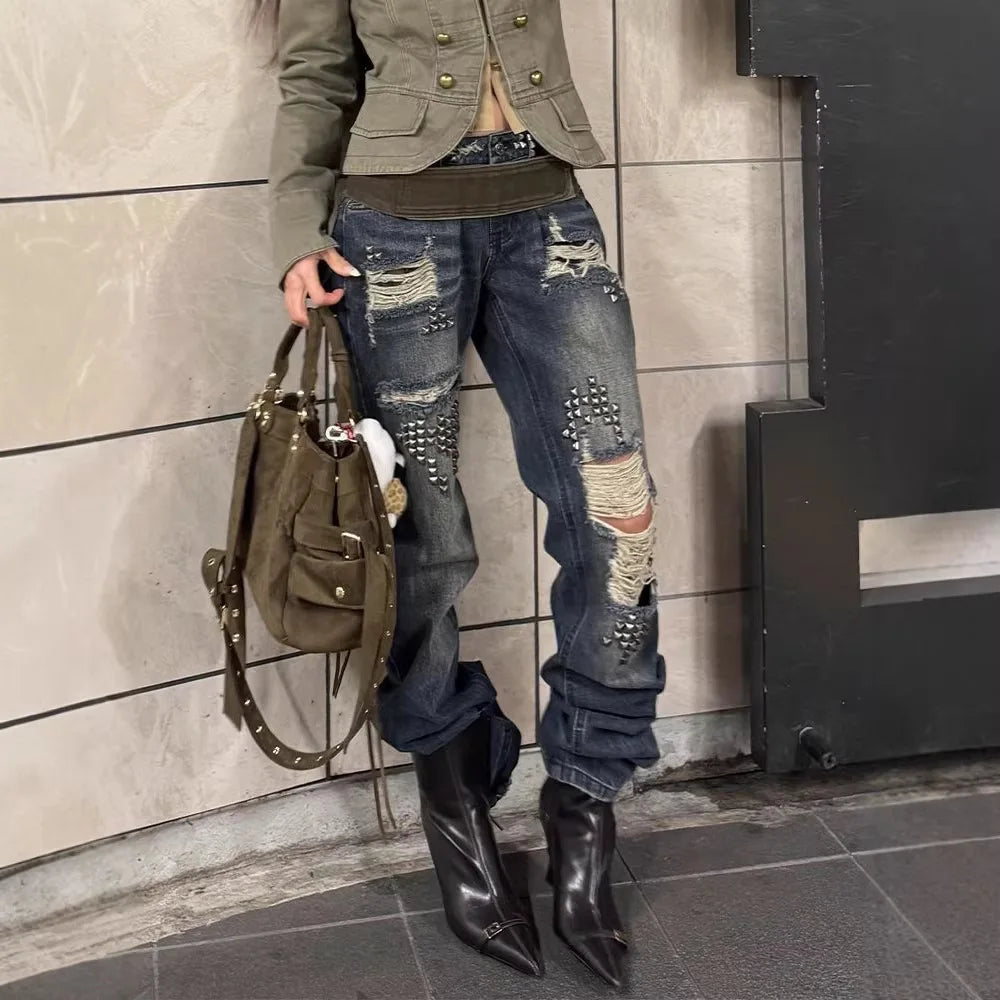 ONE TO WAN Women Vintage Ripped Y2k Jeans Streetwear Retro Rivet Hole Design Denim Pants High Street Grunge Trousers Pantalones