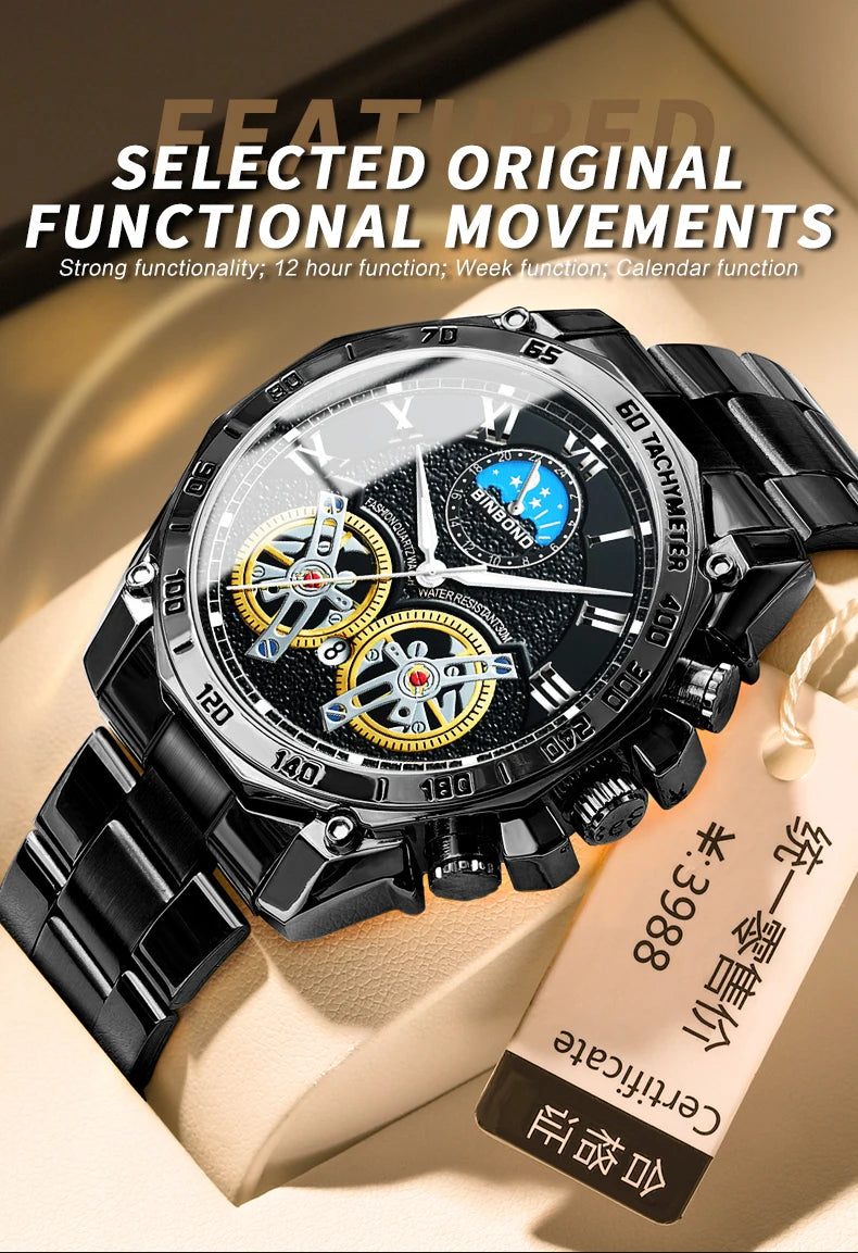 BINBOND Men Quartz Watch Luxury Analog Decorative Dial Military Sports Wristwatch Waterproof Casual Outdoor Men's Wrist Watch