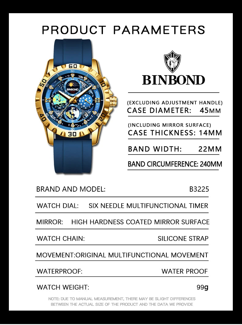 BINBOND Luxury Quartz Watches For Men Luminous Waterproof Auto Date Chronograph Men's Watch Business Sport Fashion Casual Reloj