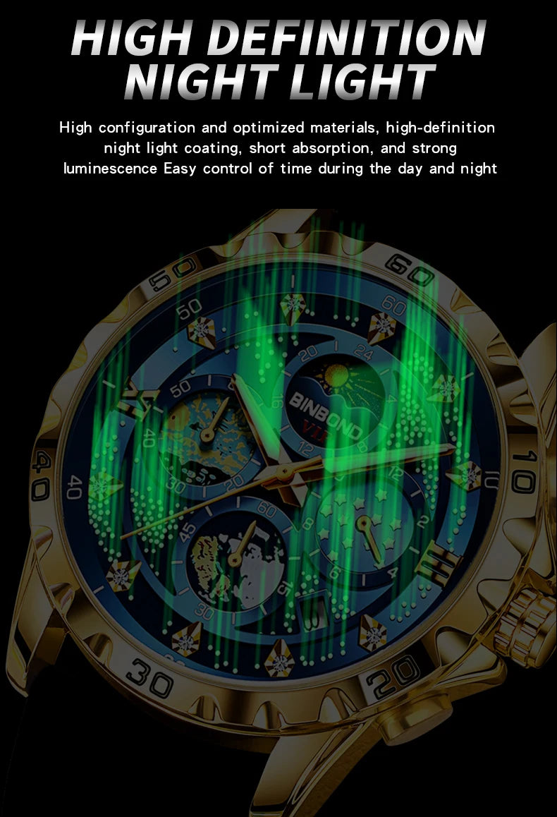 BINBOND Luxury Quartz Watches For Men Luminous Waterproof Auto Date Chronograph Men's Watch Business Sport Fashion Casual Reloj