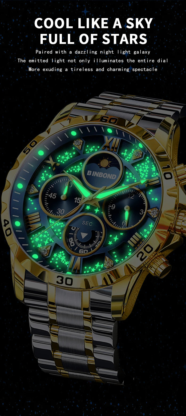 BINBOND Original Chnorograph Quartz Man Watch Waterproof Luminous Luxury Reloj Hombre Stainless Steel Moon Phase Men's Watches