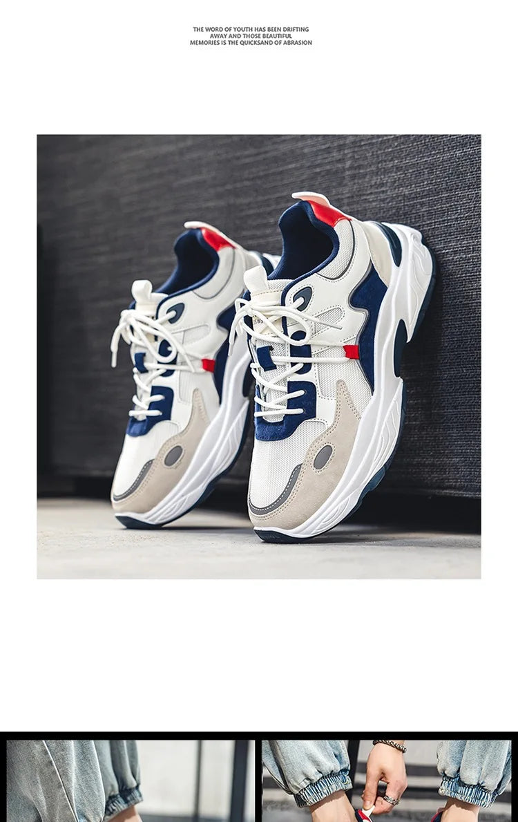 Men White Blue Red Color Block Dad Sneakers, Lace Up Breathable Light Thick Sole Comfort Outdoor Trend Casual Sports Shoes