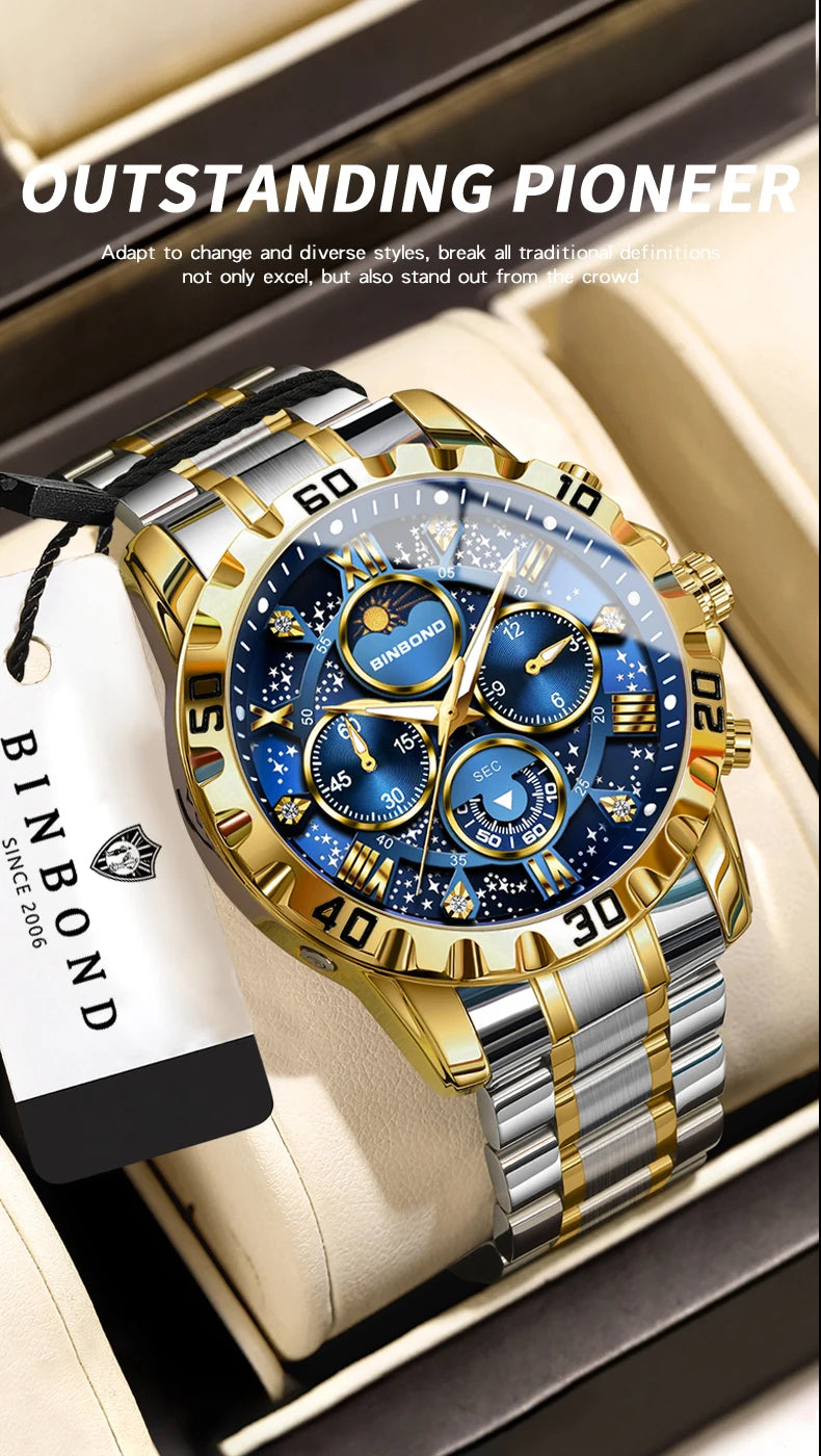BINBOND Original Chnorograph Quartz Man Watch Waterproof Luminous Luxury Reloj Hombre Stainless Steel Moon Phase Men's Watches