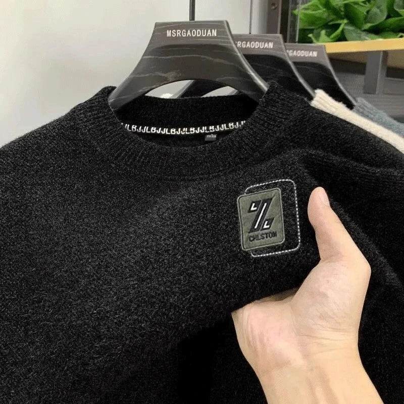 Men's Sweatercoat Autumn Winter O-Neck Knit Letter Plush Fleece Lined Warm Wool Pullover Sweater Men Bottoming Pullovers Jumper