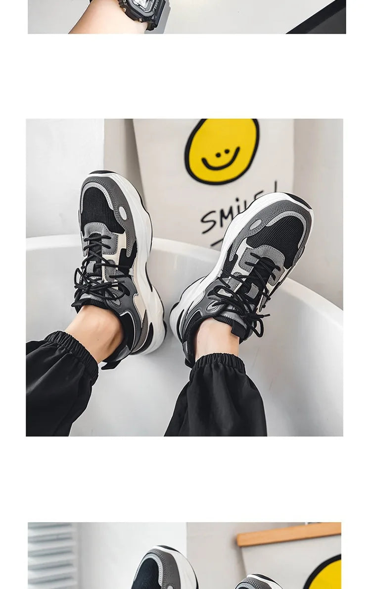 Men White Blue Red Color Block Dad Sneakers, Lace Up Breathable Light Thick Sole Comfort Outdoor Trend Casual Sports Shoes
