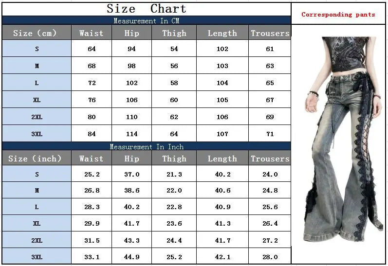 2025 Ropa Y2K Style Vintage Blue Black Lace Slim Flare Stacked Jeans Pants For Women Clothing Gothic Hotsweet New Denim Trousers