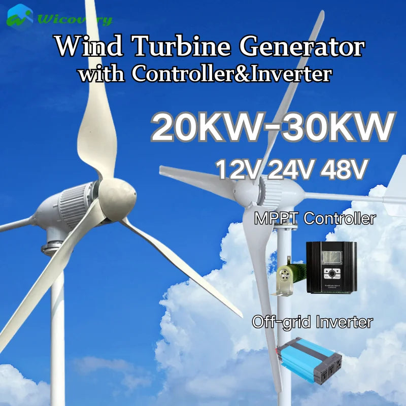Factory Sales New Version Horizontal Axis Wind Turbine Large Blades Low Wind Speed 20KW 30KW 12V 48V 24V Home Appliance