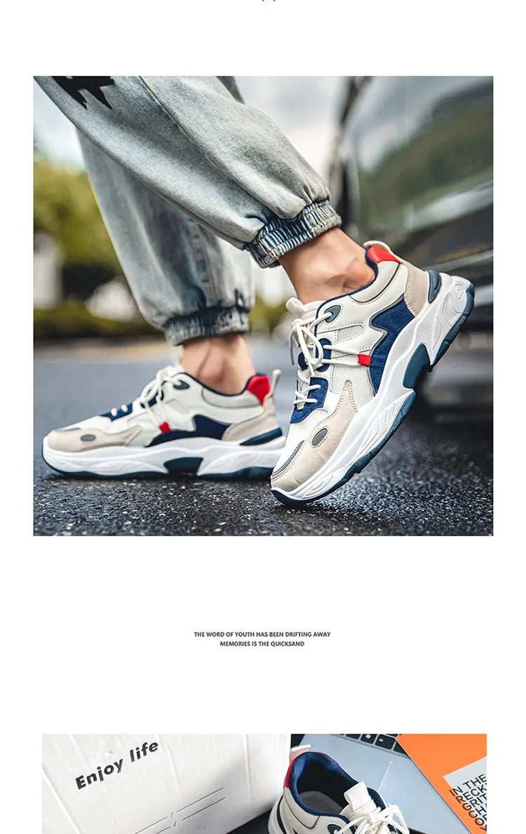 Men White Blue Red Color Block Dad Sneakers, Lace Up Breathable Light Thick Sole Comfort Outdoor Trend Casual Sports Shoes