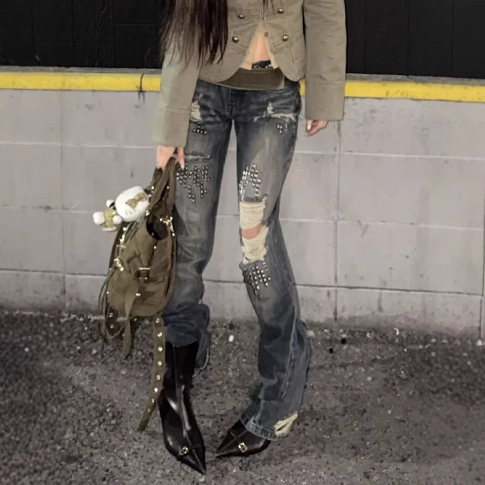 ONE TO WAN Women Vintage Ripped Y2k Jeans Streetwear Retro Rivet Hole Design Denim Pants High Street Grunge Trousers Pantalones
