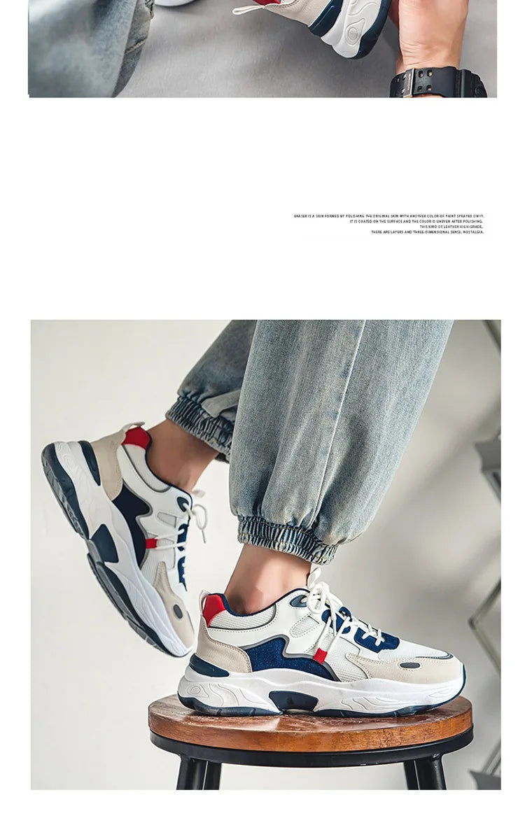 Men White Blue Red Color Block Dad Sneakers, Lace Up Breathable Light Thick Sole Comfort Outdoor Trend Casual Sports Shoes
