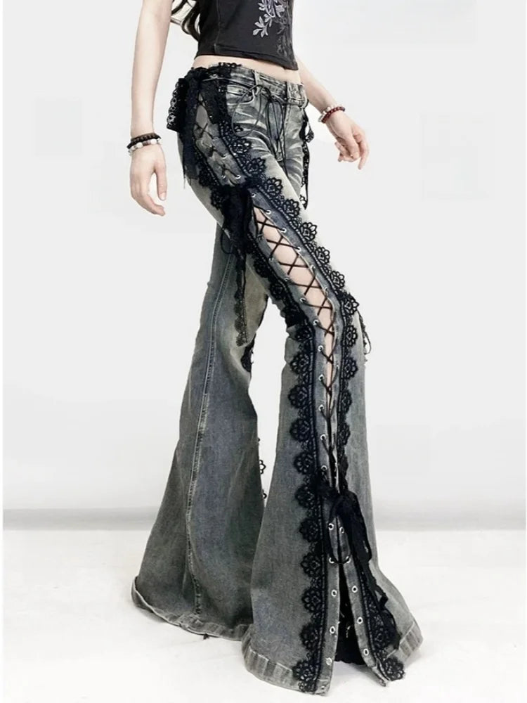 2025 Ropa Y2K Style Vintage Blue Black Lace Slim Flare Stacked Jeans Pants For Women Clothing Gothic Hotsweet New Denim Trousers