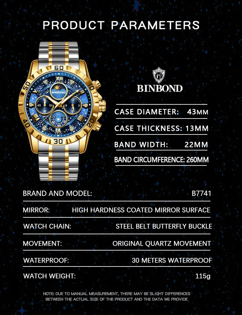 BINBOND Original Chnorograph Quartz Man Watch Waterproof Luminous Luxury Reloj Hombre Stainless Steel Moon Phase Men's Watches