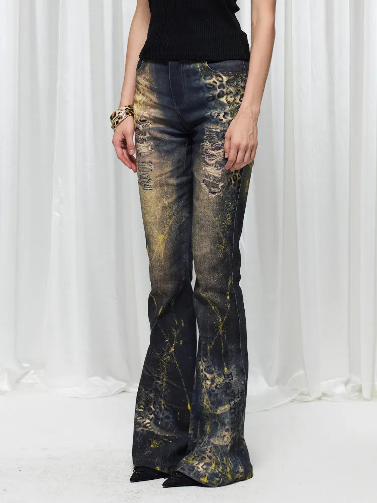 Women's Gothic Y2k Flared Jeans Summer Harajuku Trashy Ripped Denim Trousers Streetwear Baggy Jean Pants Vintage Emo Clothes