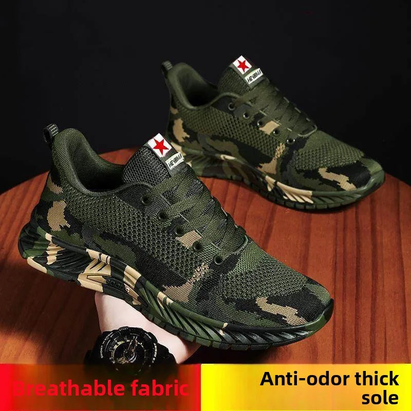 Unisex Camouflage Hiking Shoes Outdoor Training Worksite Safety Shoes Spring Summer Cotton Lined Leather Casual Shoes