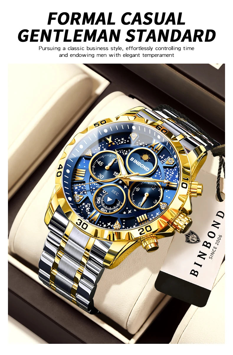 BINBOND Original Chnorograph Quartz Man Watch Waterproof Luminous Luxury Reloj Hombre Stainless Steel Moon Phase Men's Watches