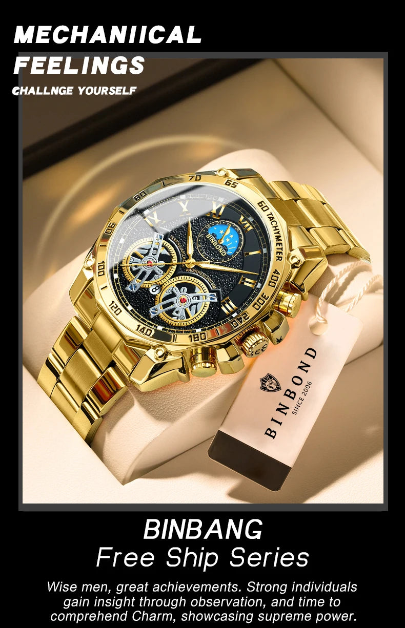 BINBOND Luminous Quartz Watches for Men Luxury Waterproof Accurate Auto Date Men's Watch Sturdy Stainless Steel Casual Reloj