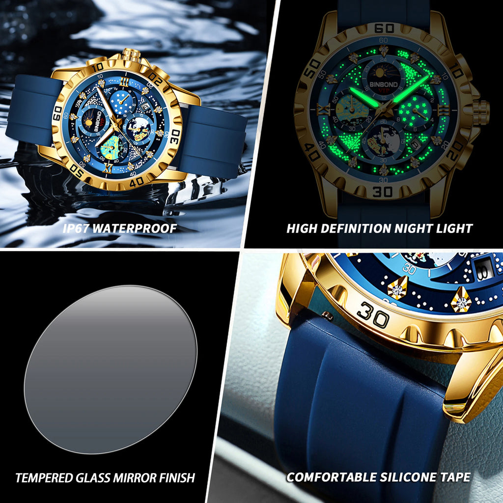 BINBOND Luxury Quartz Watches For Men Luminous Waterproof Auto Date Chronograph Men's Watch Business Sport Fashion Casual Reloj