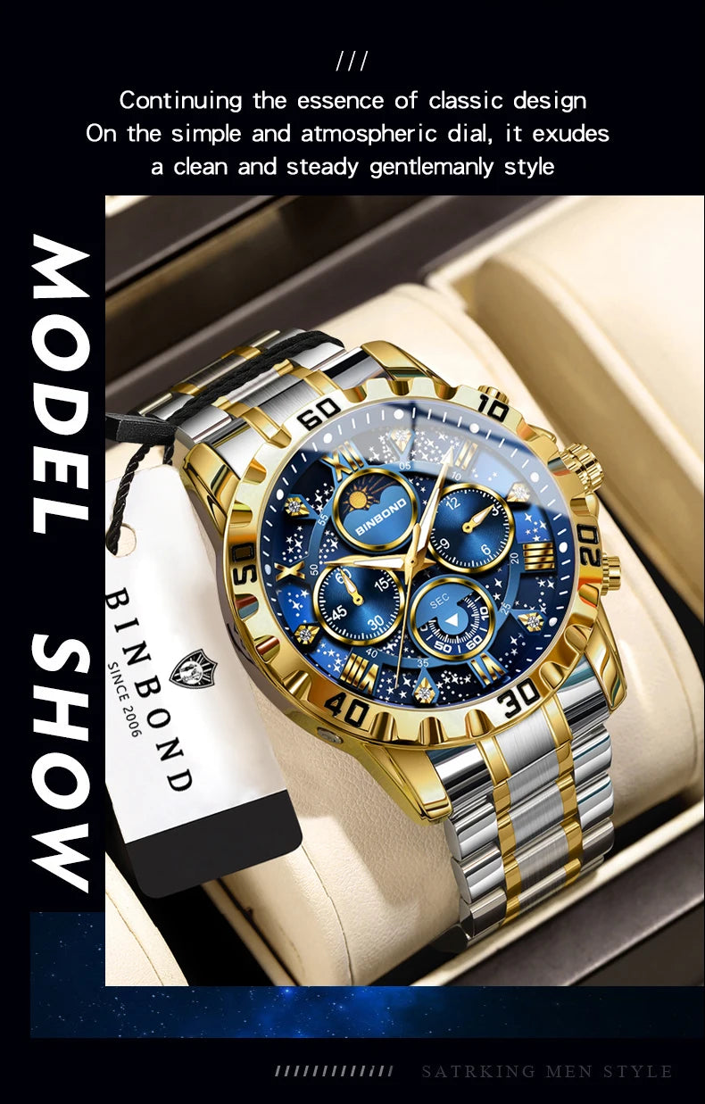 BINBOND Original Chnorograph Quartz Man Watch Waterproof Luminous Luxury Reloj Hombre Stainless Steel Moon Phase Men's Watches