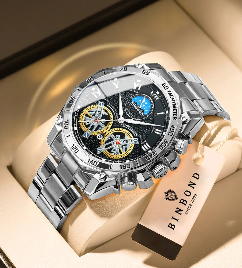 BINBOND Luminous Quartz Watches for Men Luxury Waterproof Accurate Auto Date Men's Watch Sturdy Stainless Steel Casual Reloj