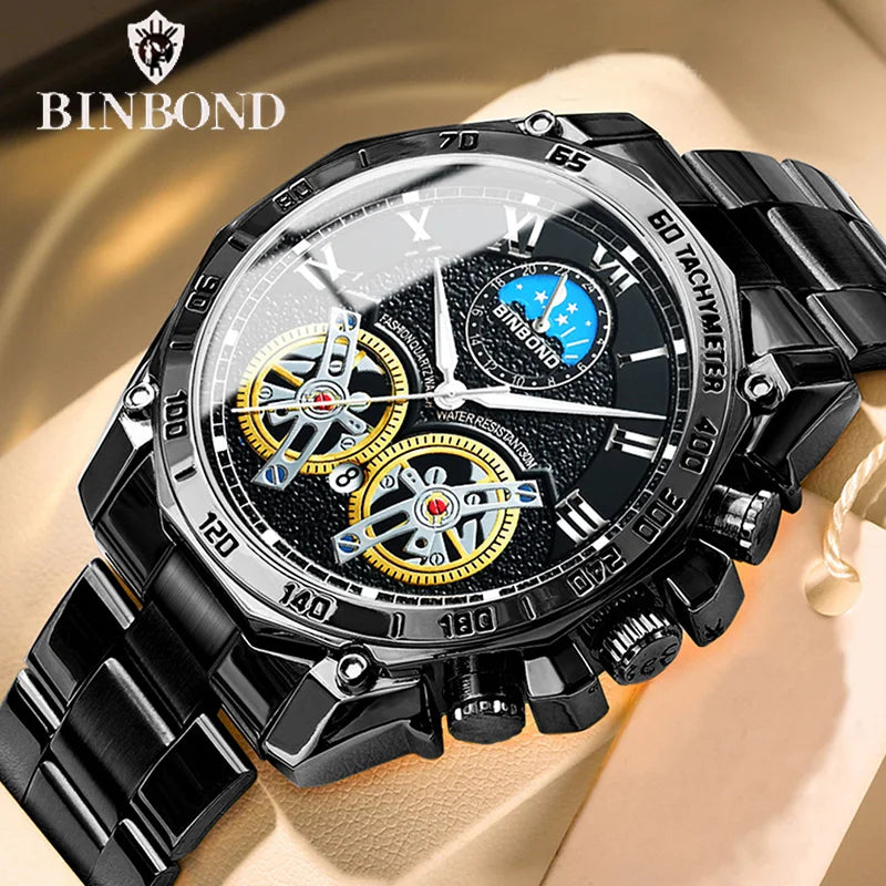 BINBOND Men Quartz Watch Luxury Analog Decorative Dial Military Sports Wristwatch Waterproof Casual Outdoor Men's Wrist Watch
