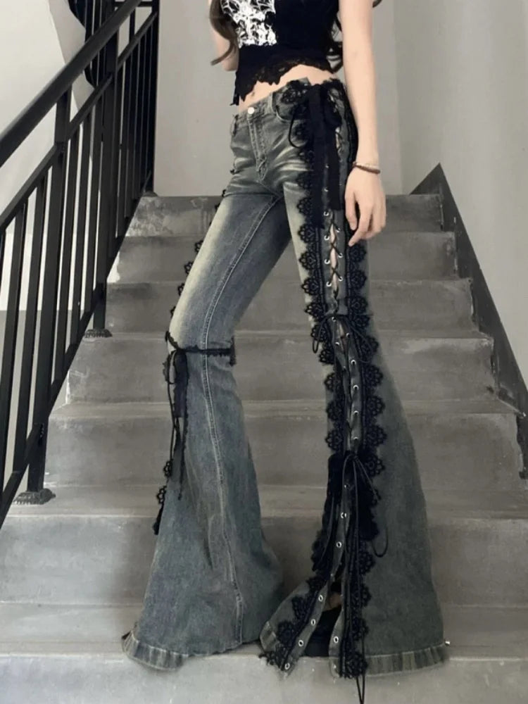 2025 Ropa Y2K Style Vintage Blue Black Lace Slim Flare Stacked Jeans Pants For Women Clothing Gothic Hotsweet New Denim Trousers