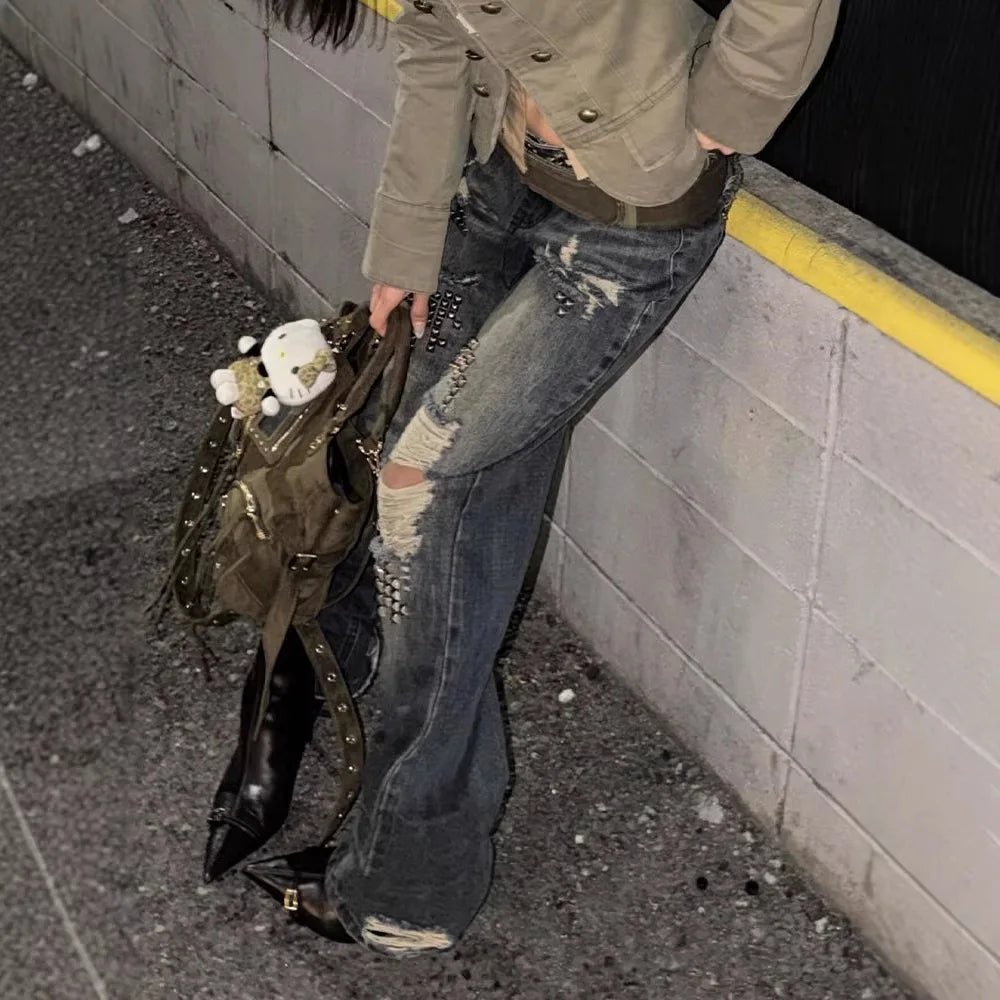 ONE TO WAN Women Vintage Ripped Y2k Jeans Streetwear Retro Rivet Hole Design Denim Pants High Street Grunge Trousers Pantalones