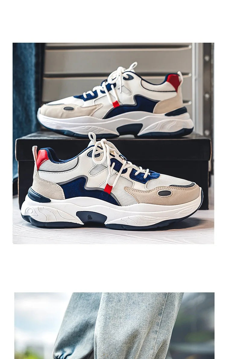 Men White Blue Red Color Block Dad Sneakers, Lace Up Breathable Light Thick Sole Comfort Outdoor Trend Casual Sports Shoes