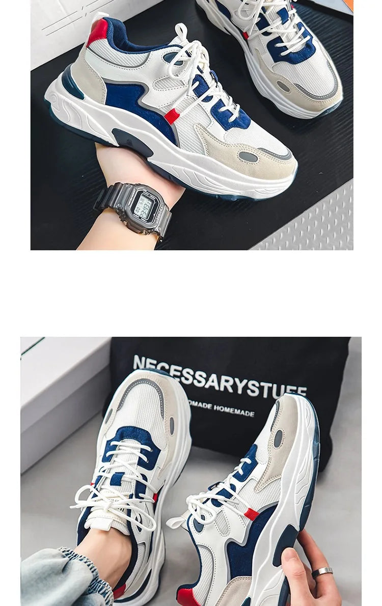 Men White Blue Red Color Block Dad Sneakers, Lace Up Breathable Light Thick Sole Comfort Outdoor Trend Casual Sports Shoes