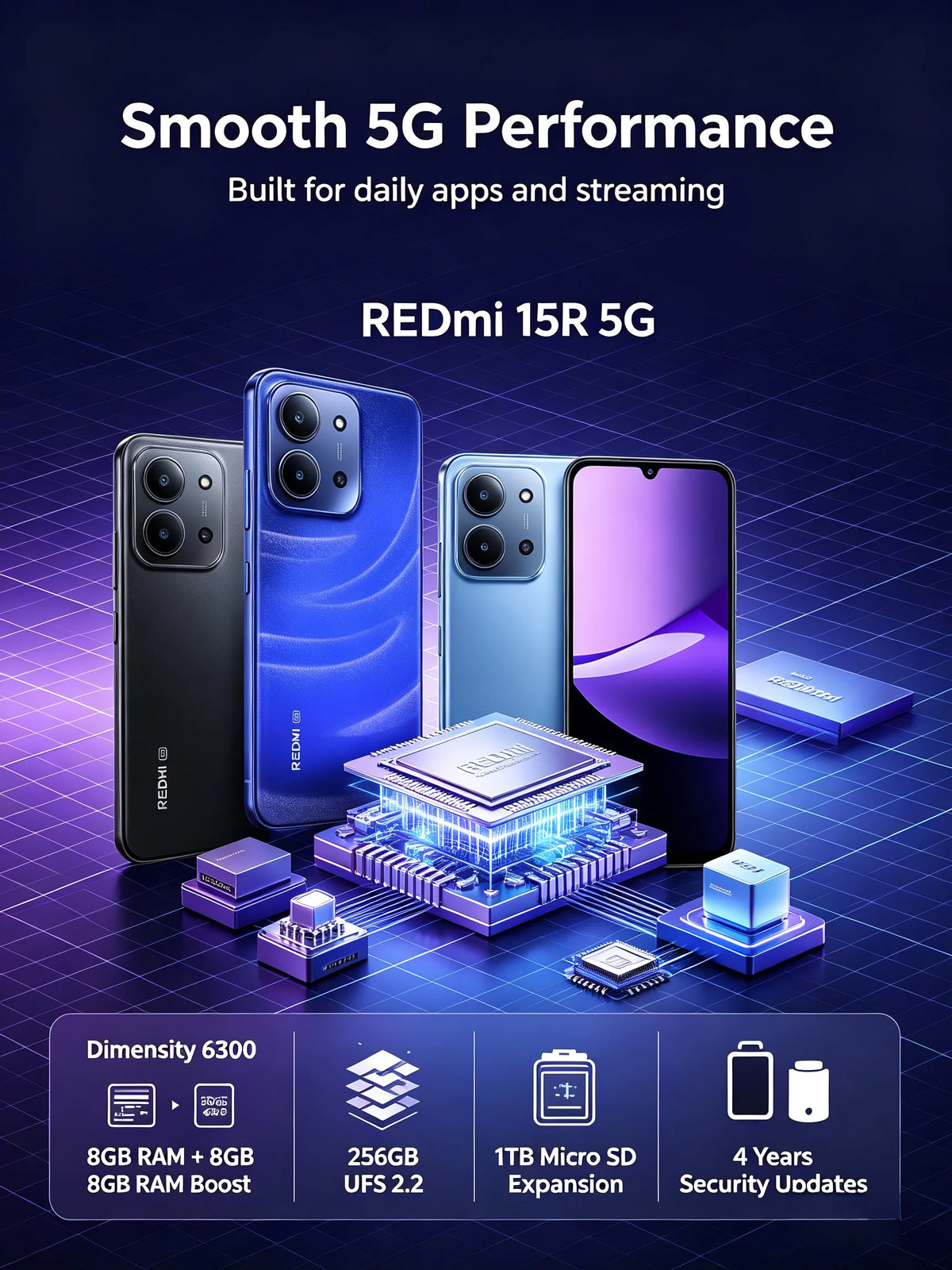 2026 New Redmi 15R 8+256GB Mobile Phone - Unlocked Dual SIM 6.9' LCD+ Dimensity 6300 13MP Camera 6000mAh Battery