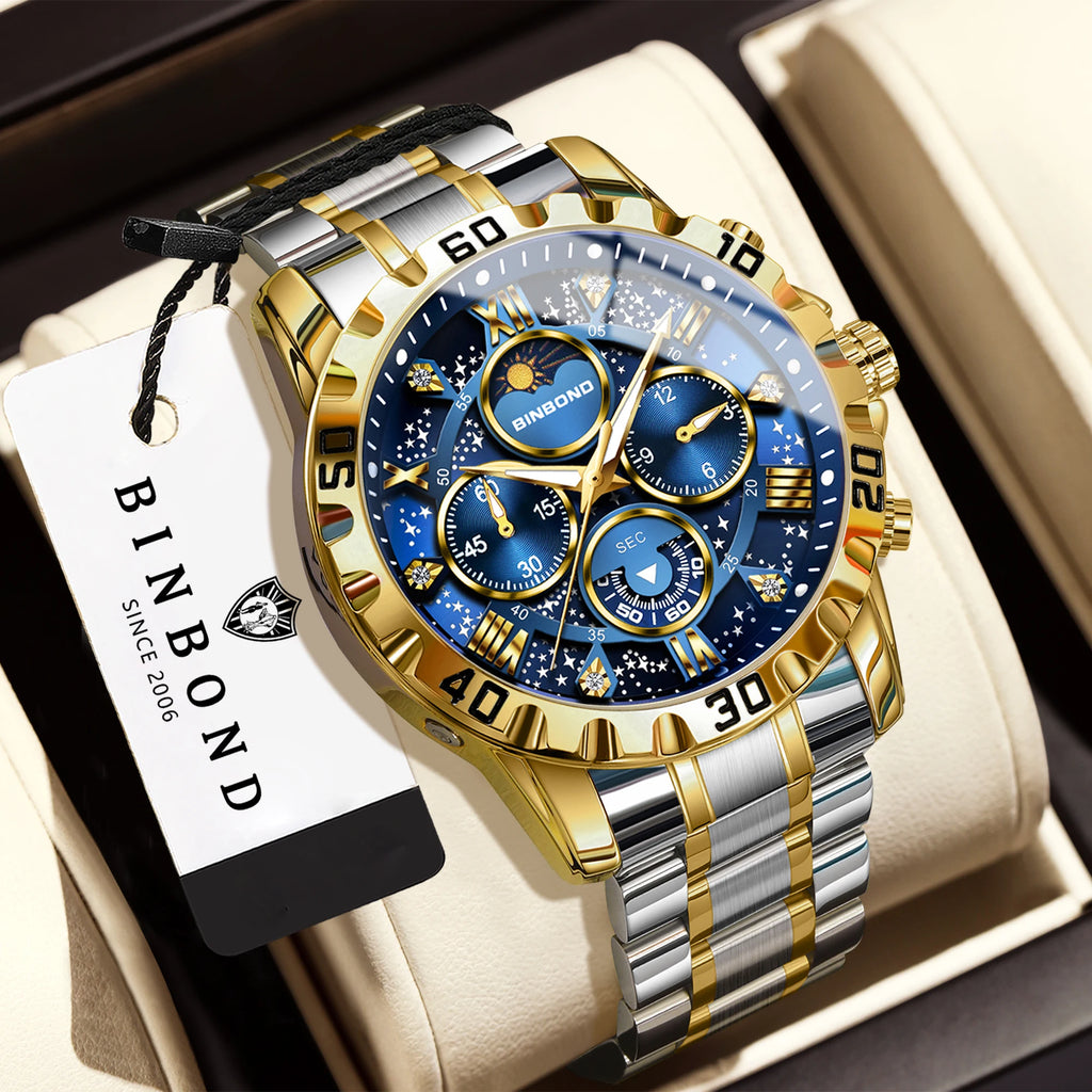 BINBOND Original Chnorograph Quartz Man Watch Waterproof Luminous Luxury Reloj Hombre Stainless Steel Moon Phase Men's Watches