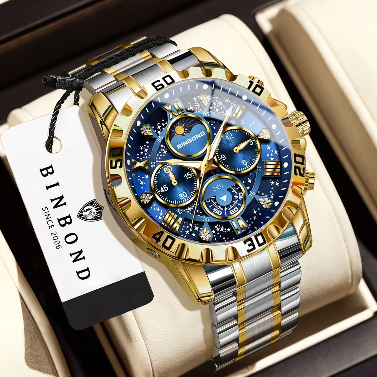 BINBOND Original Chnorograph Quartz Man Watch Waterproof Luminous Luxury Reloj Hombre Stainless Steel Moon Phase Men's Watches