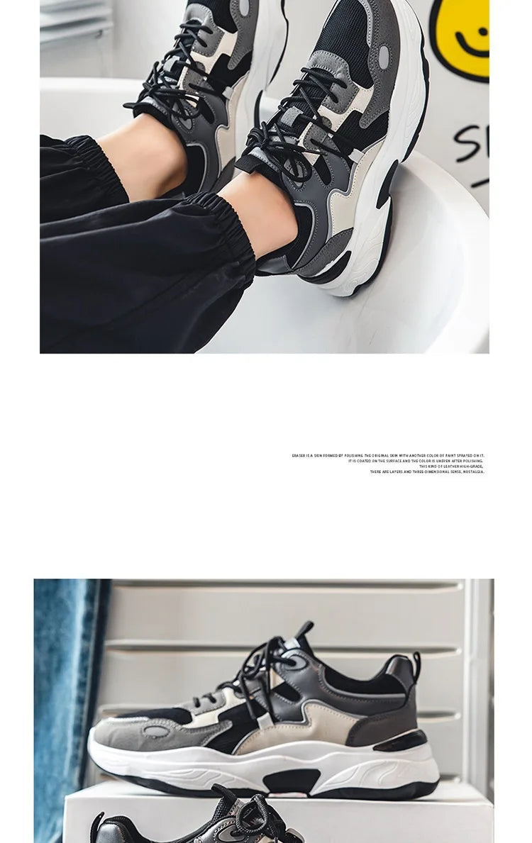 Men White Blue Red Color Block Dad Sneakers, Lace Up Breathable Light Thick Sole Comfort Outdoor Trend Casual Sports Shoes