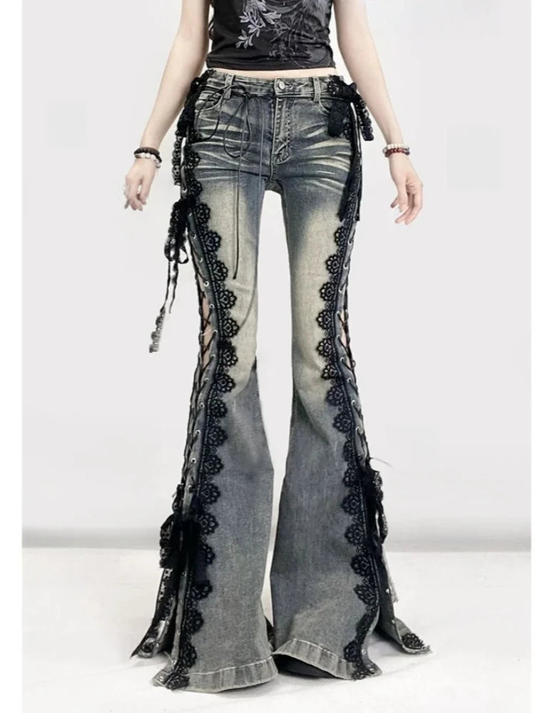 2025 Ropa Y2K Style Vintage Blue Black Lace Slim Flare Stacked Jeans Pants For Women Clothing Gothic Hotsweet New Denim Trousers