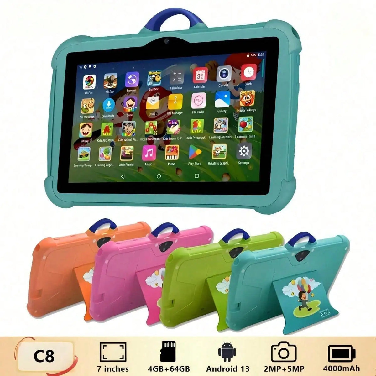 7-Inch Educational Tablet Android 13, 4GB + 64GB Quad Core, IPS HD Display, Parental Controls & Learning Games, Silicone Case, For Students