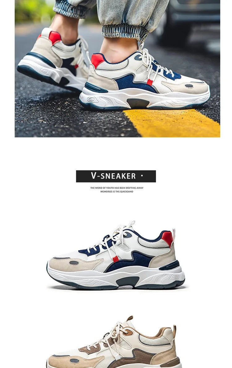 Men White Blue Red Color Block Dad Sneakers, Lace Up Breathable Light Thick Sole Comfort Outdoor Trend Casual Sports Shoes